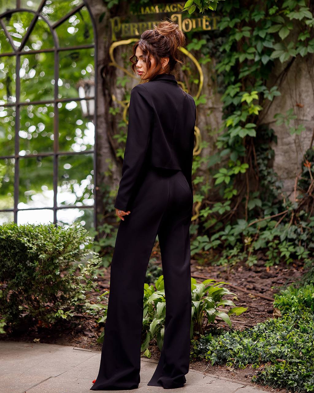 Black Cropped Blazer+Wide Leg Slit Pants