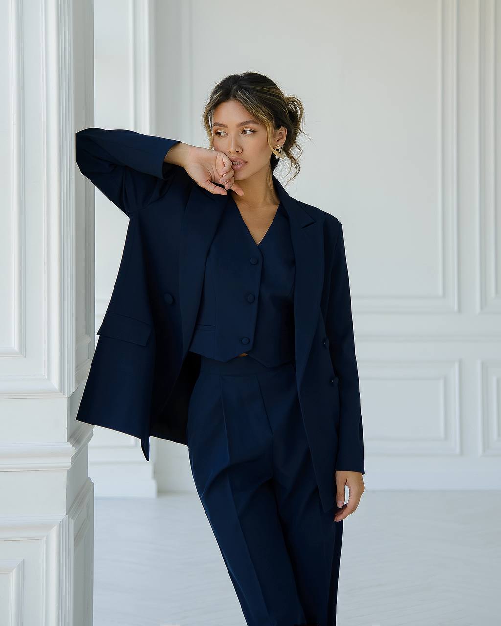 Dark Blue Three Piece Suit|Blazer+Vest+Pants