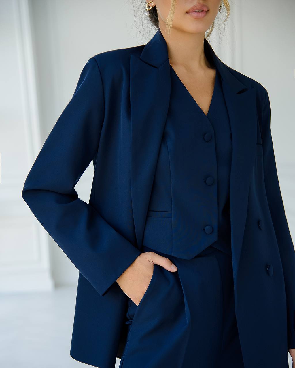 Dark Blue Three Piece Suit|Blazer+Vest+Pants