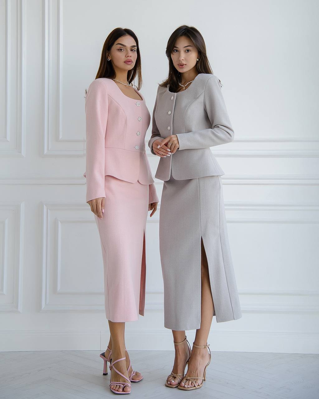 Skirt Suit|Elegant Boat Blazer with Midi Slit Skirt