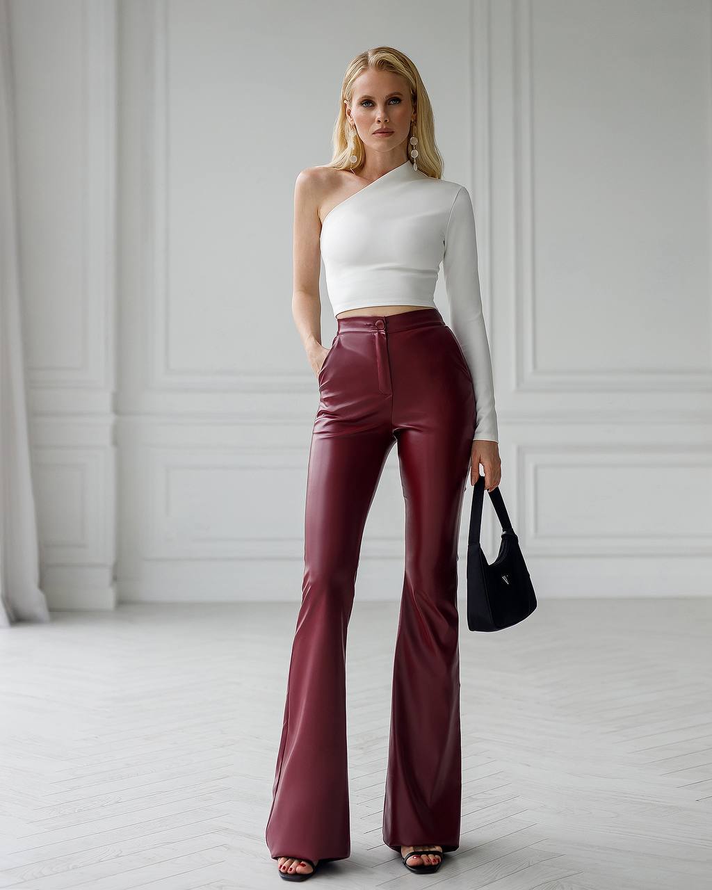 Women Bell Bottom Leather Pants , Khaki high waisted pants