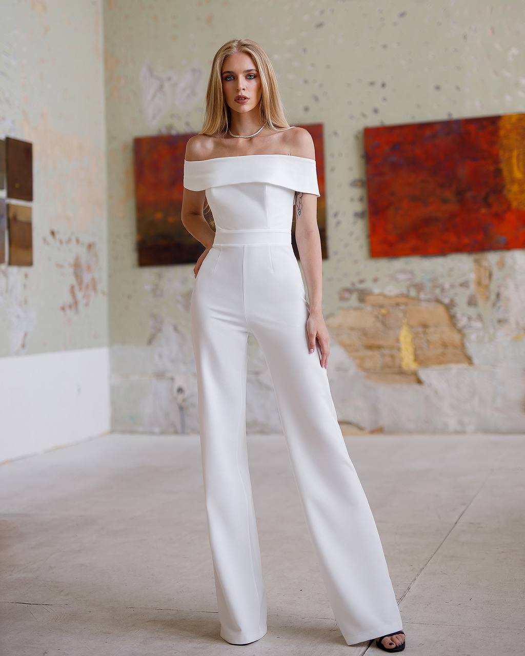 Cuffed Off-The-Shoulder Wide Leg Jumpsuit