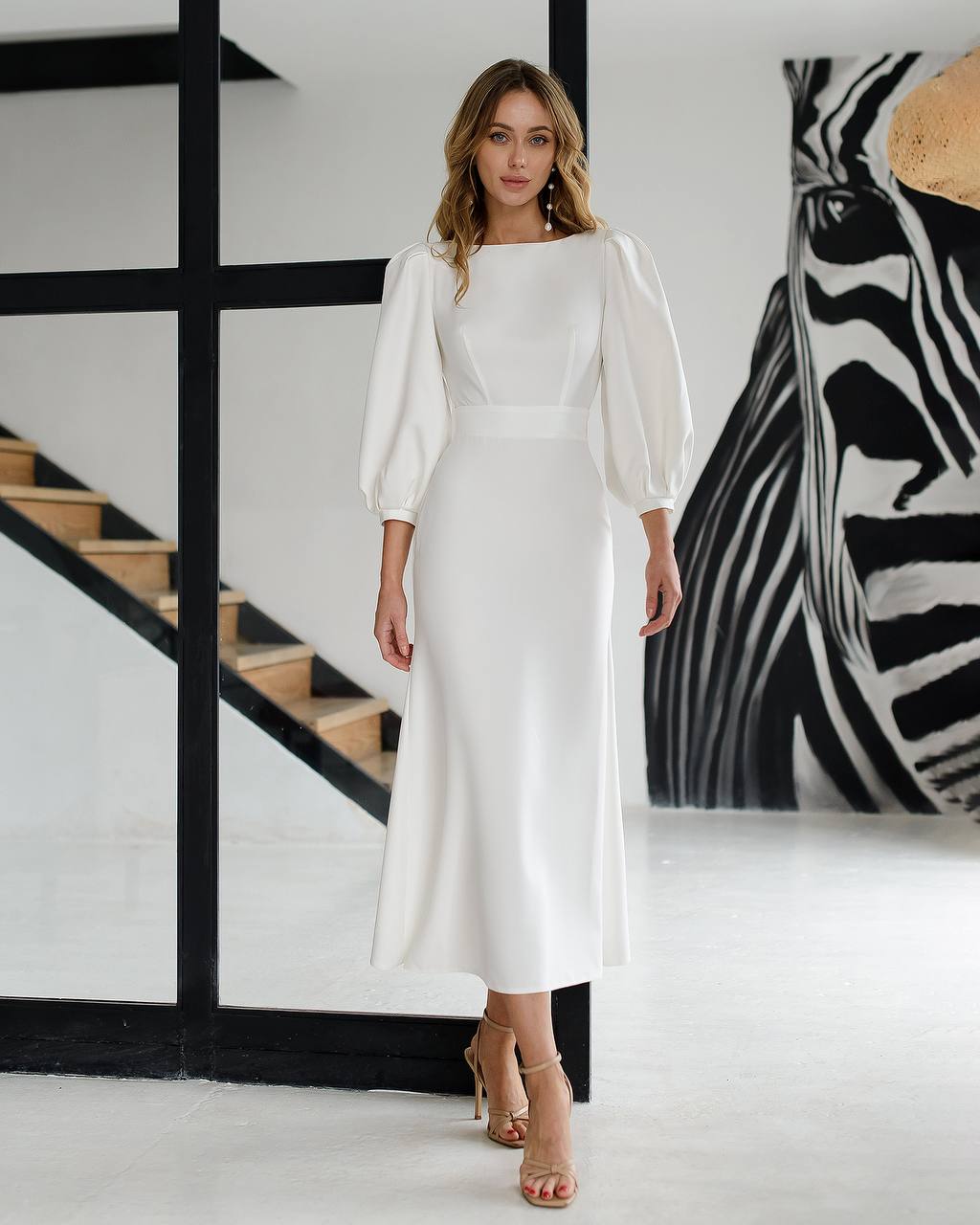 Elegant Backless Midi Dress with Long Puff Sleeves White / S Elegant Backless Midi Dress with Long Puff Sleeves White / S