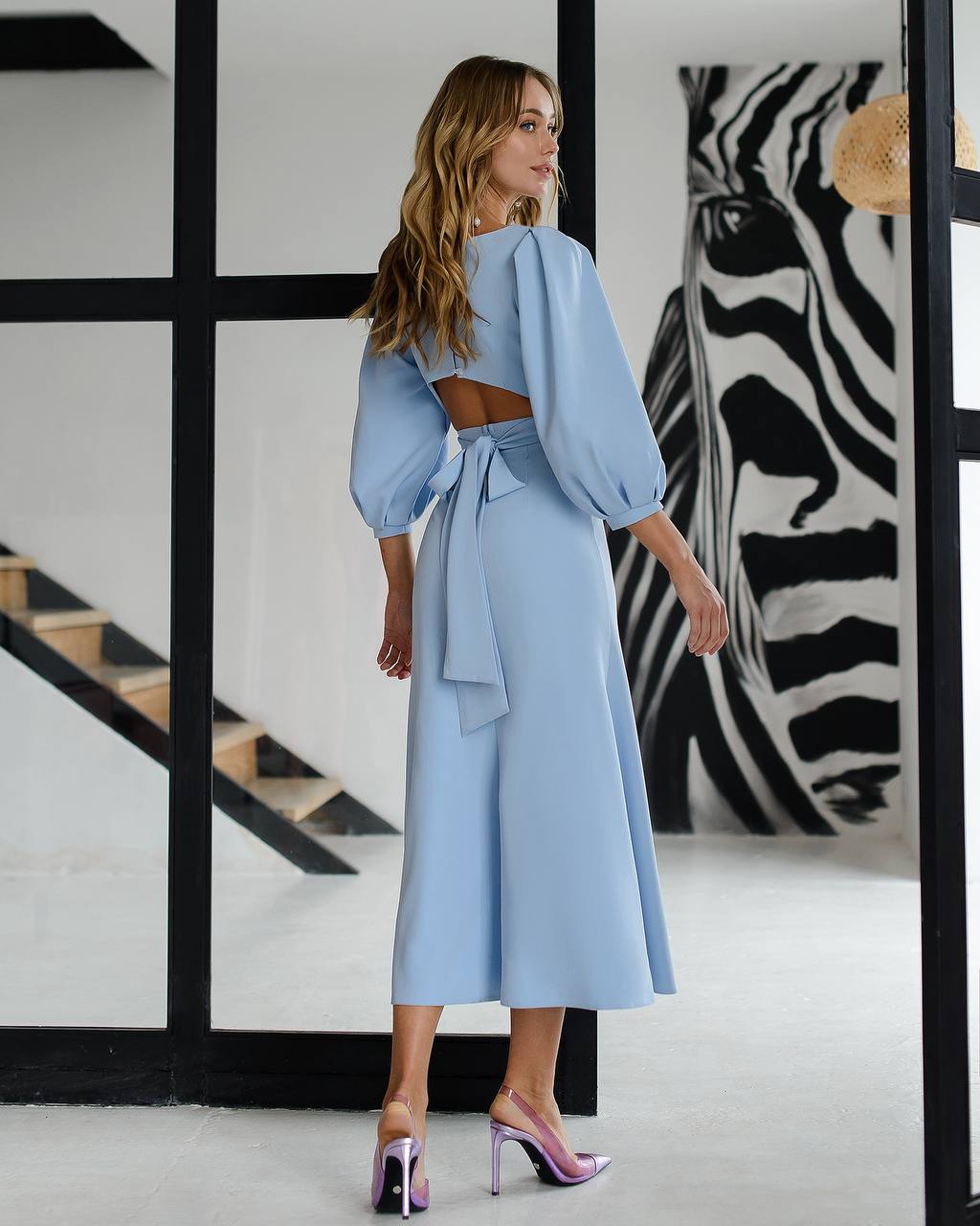 Elegant Backless Midi Dress with Long Puff Sleeves