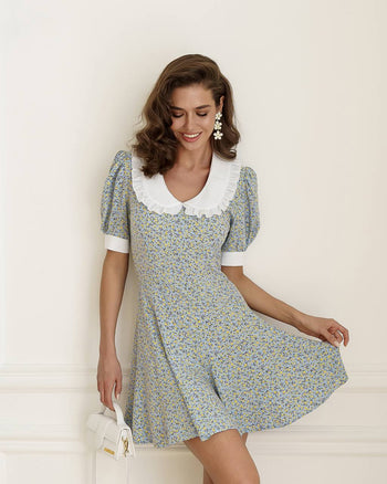 peter collar dress Mini Floral Dress|Peter Pan Wide Collar L / Blue