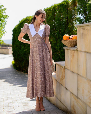 Maxi Short Sleeve Dress with Wide Collar M / Brown Maxi Short Sleeve Dress with Wide Collar M / Brown