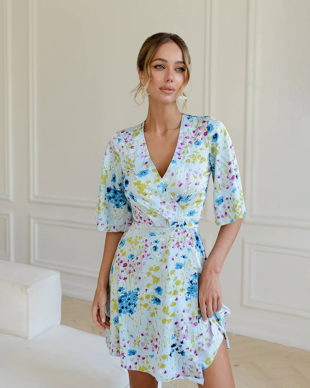 V-Neck Mini Wrap Floral Dress