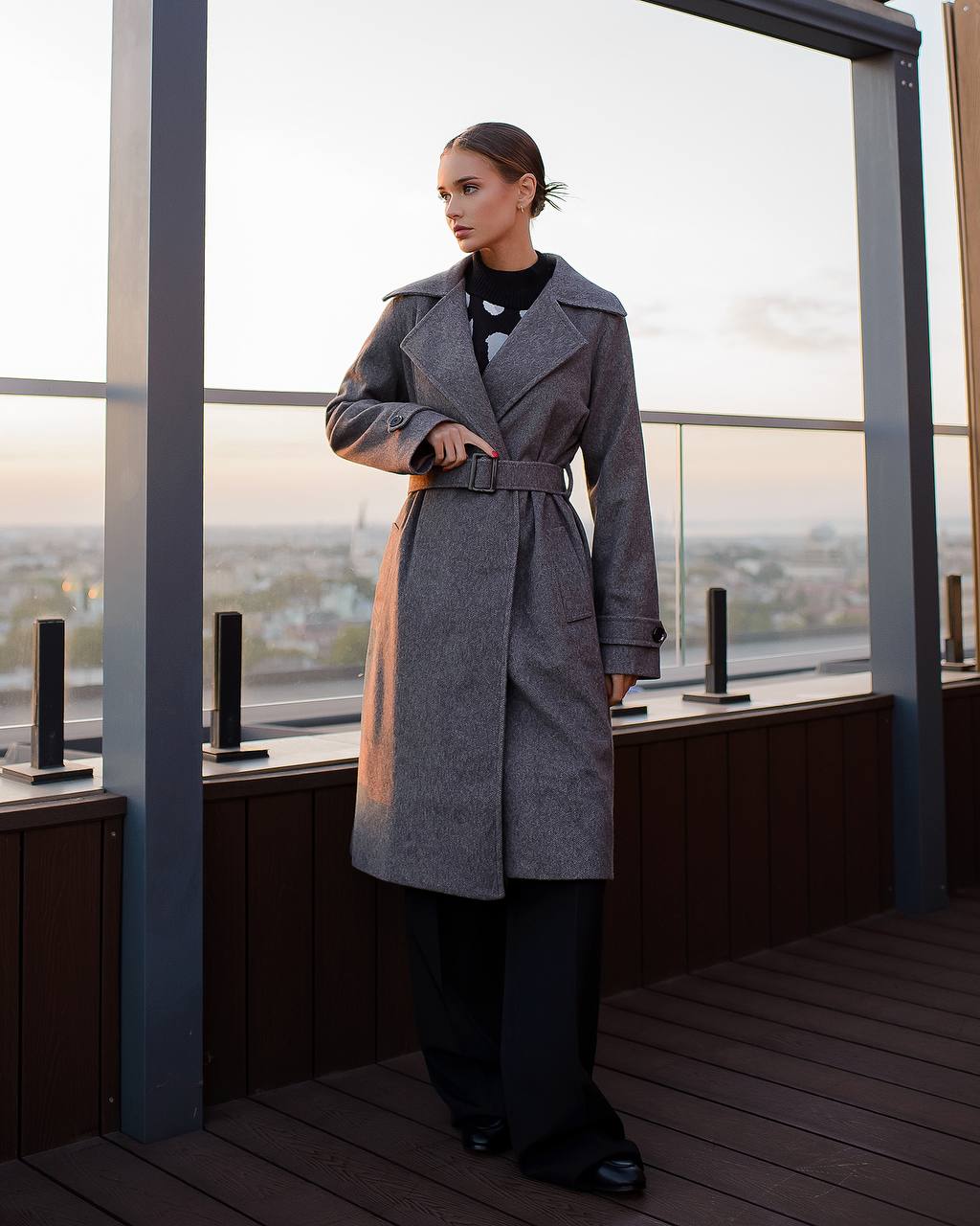 Gray Wrap Wool Coat with Belt