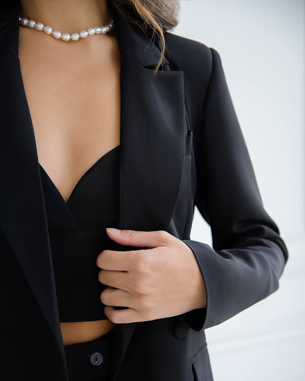 Black Three Piece Suit|Double Breasted Blazer with Wide Leg Pants+Top