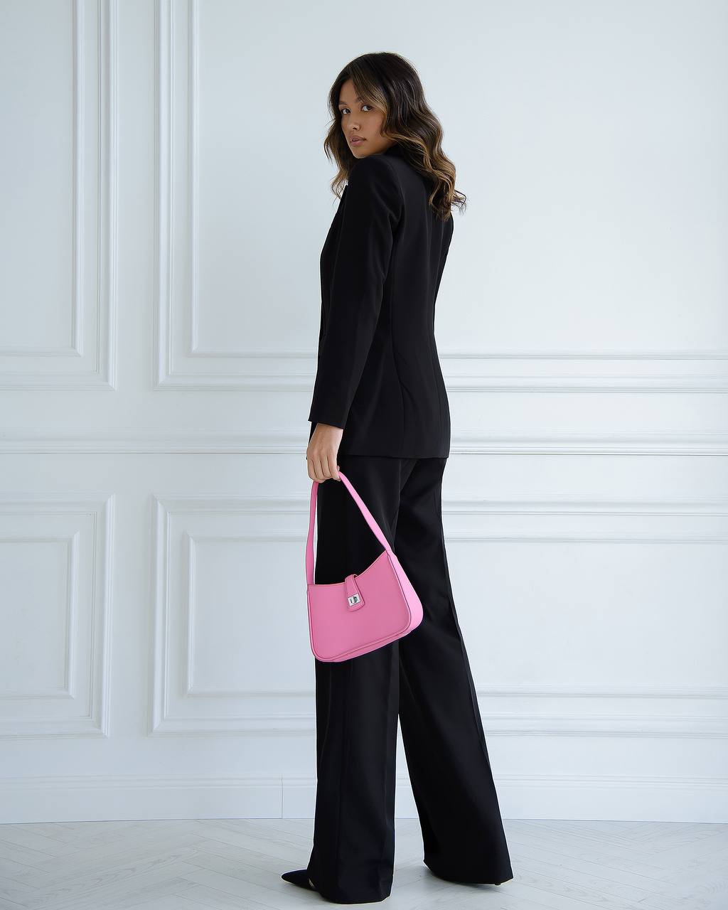 Black Three Piece Suit|Double Breasted Blazer with Wide Leg Pants+Top