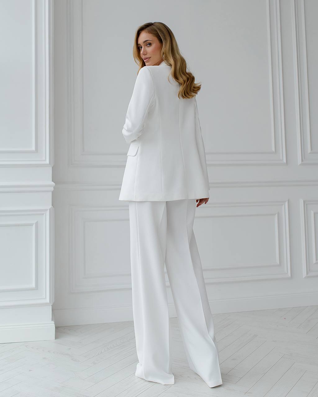 White Three Piece Suit|Double Breasted Blazer with Wide Leg Pants + Top