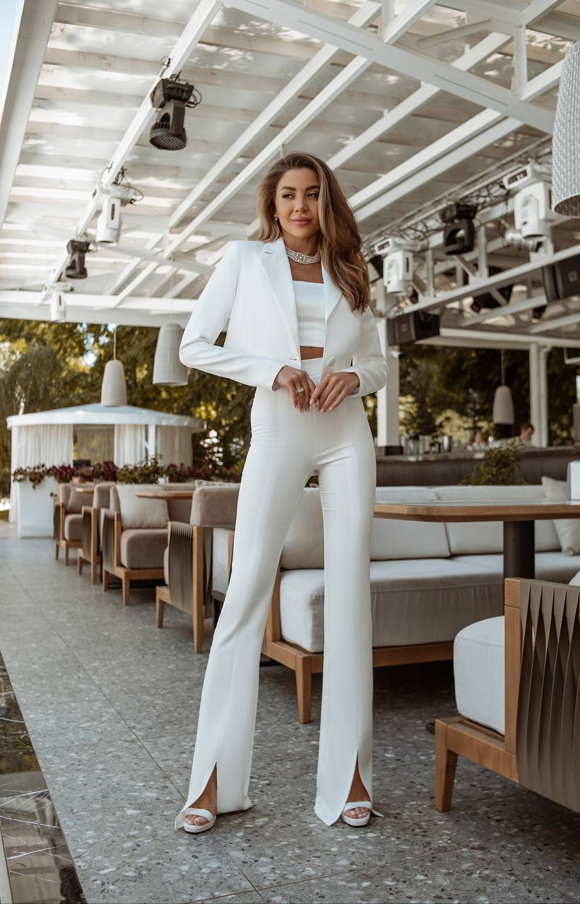 Single Breasted Cropped Blazer+Skinny Slit Pants