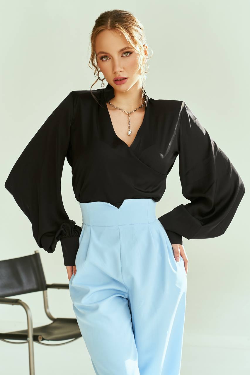 Black Puff Sleeves  Blouses  with Cuffs