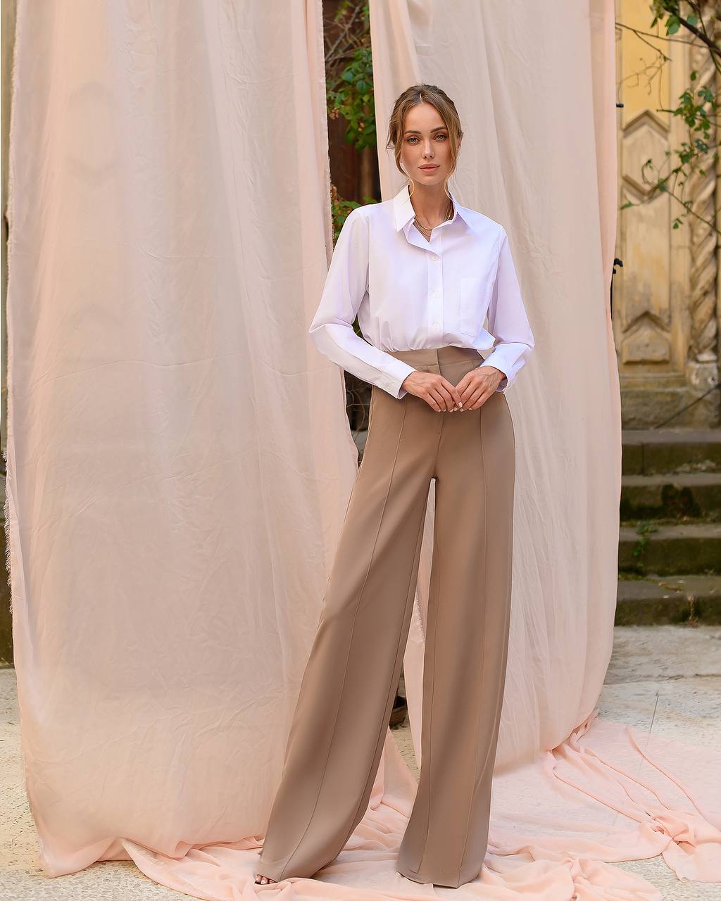 Beige women wide leg pants, high waisted pants with elastic band Beige / L Beige women wide leg pants, high waisted pants with elastic band Beige / L