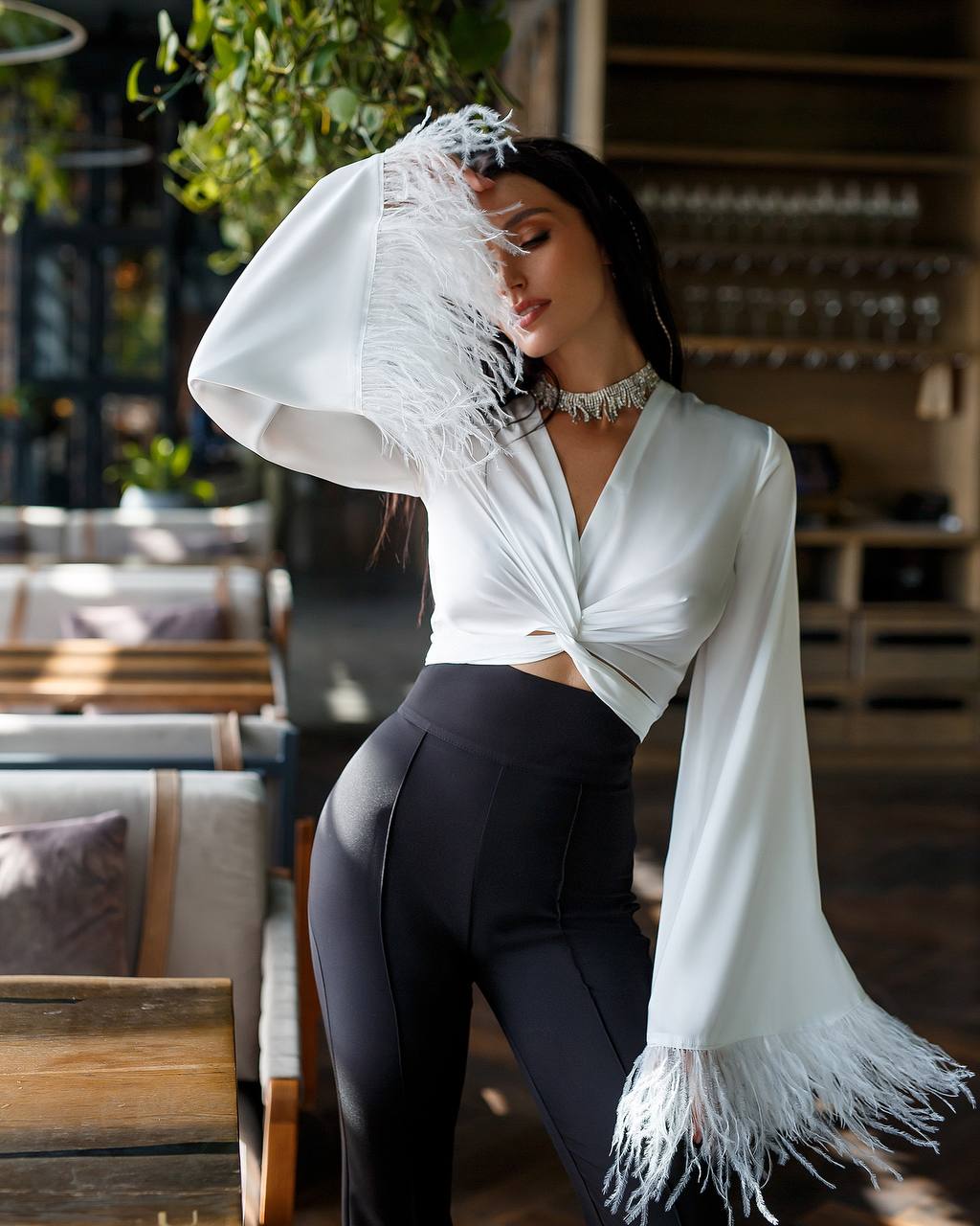 Long Sleeve Feather Blouse