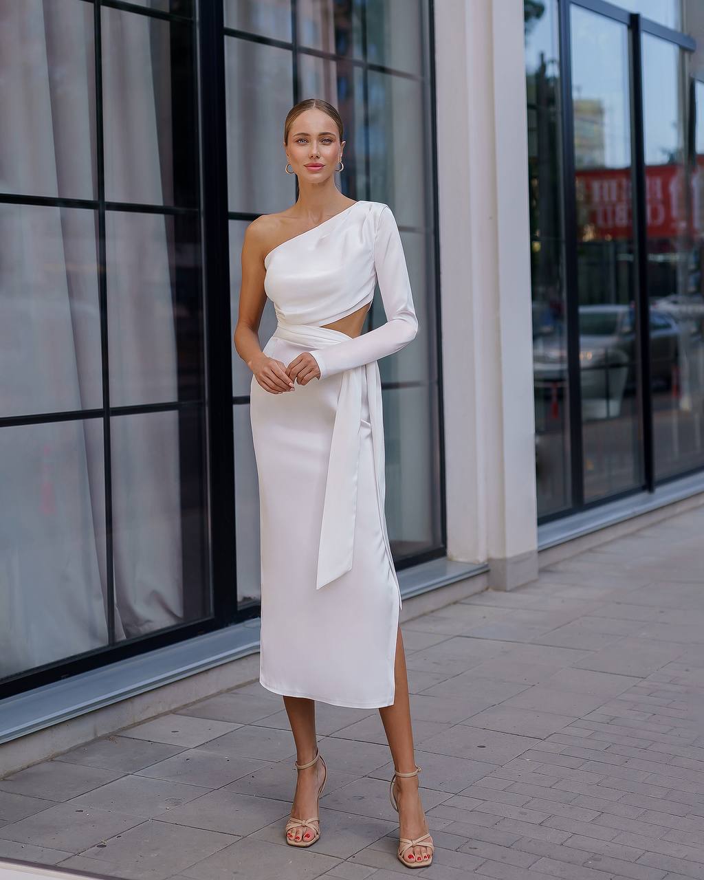 One Shoulder Waist Wrap Dress with Side Slit