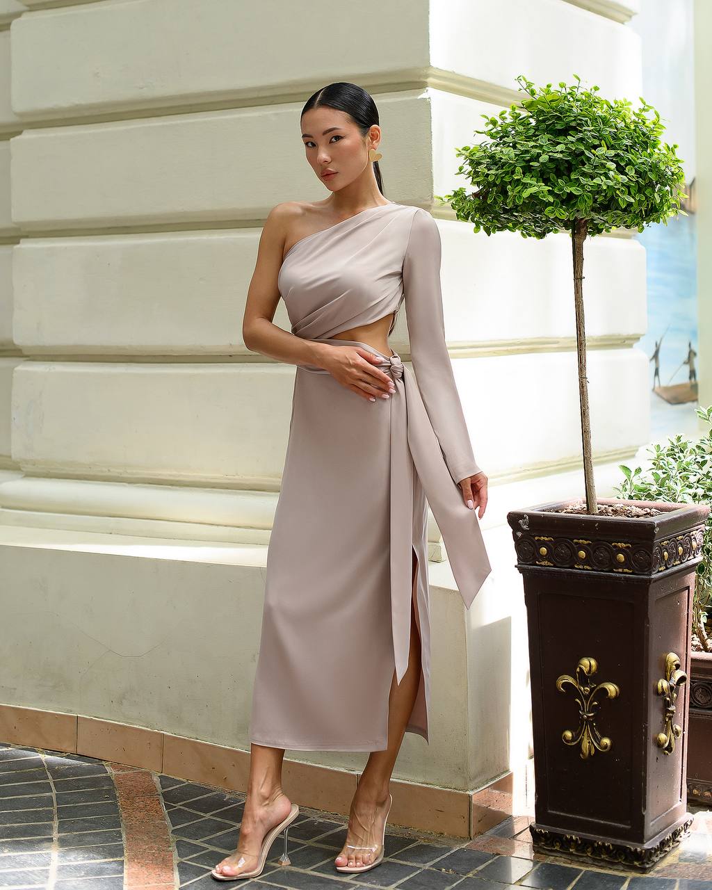 One Shoulder Dress with Wrap on the Waist