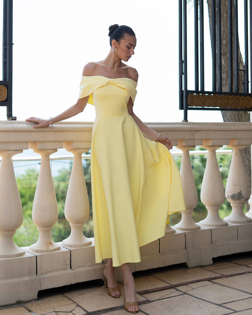 Off Shoulder Midi Dress with Bow Details Yellow / Xs Off Shoulder Midi Dress with Bow Details Yellow / Xs