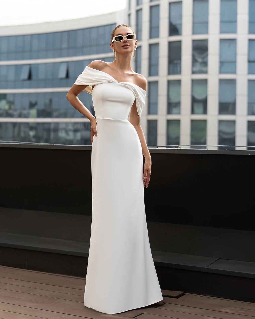 White Off Shoulder Draped Maxi Dress