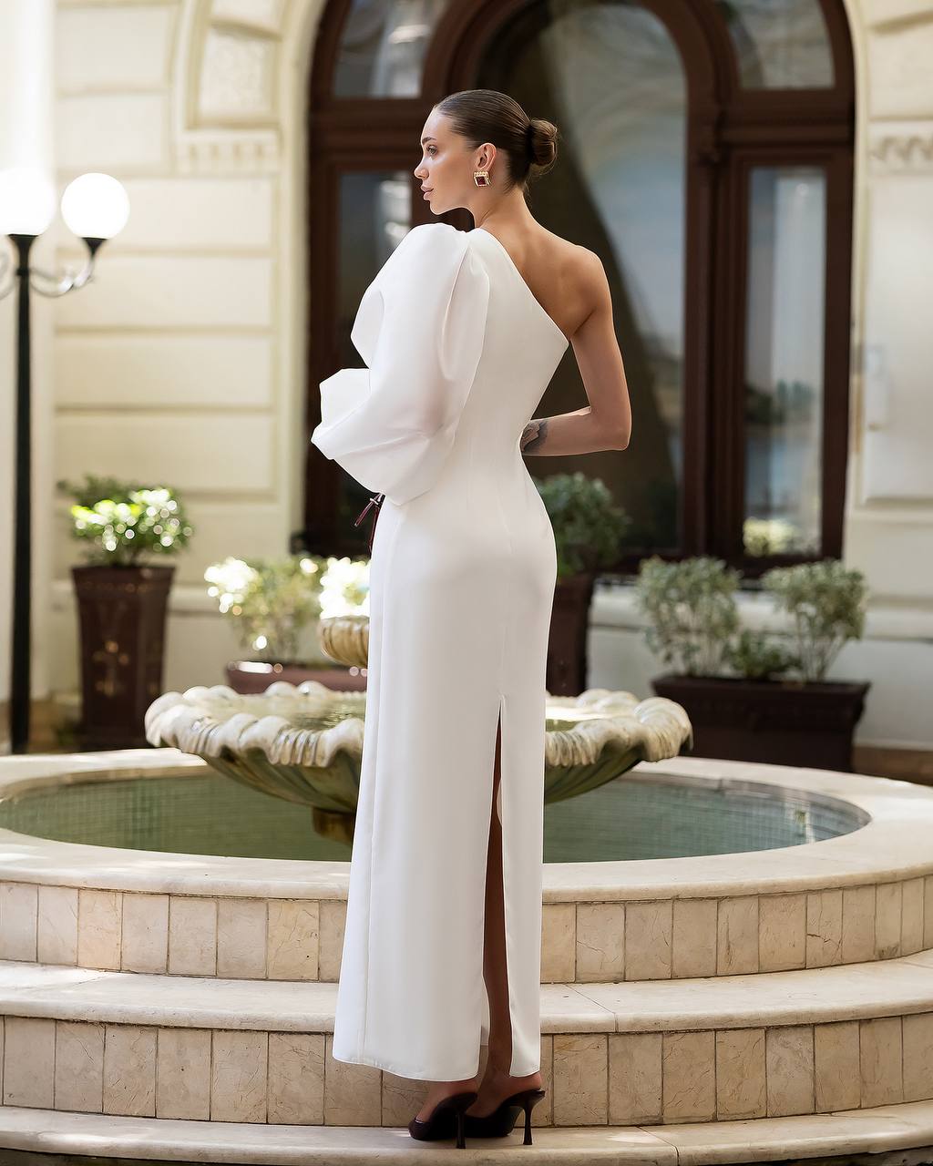 One Shoulder Maxi Dress with Puff Sleeves