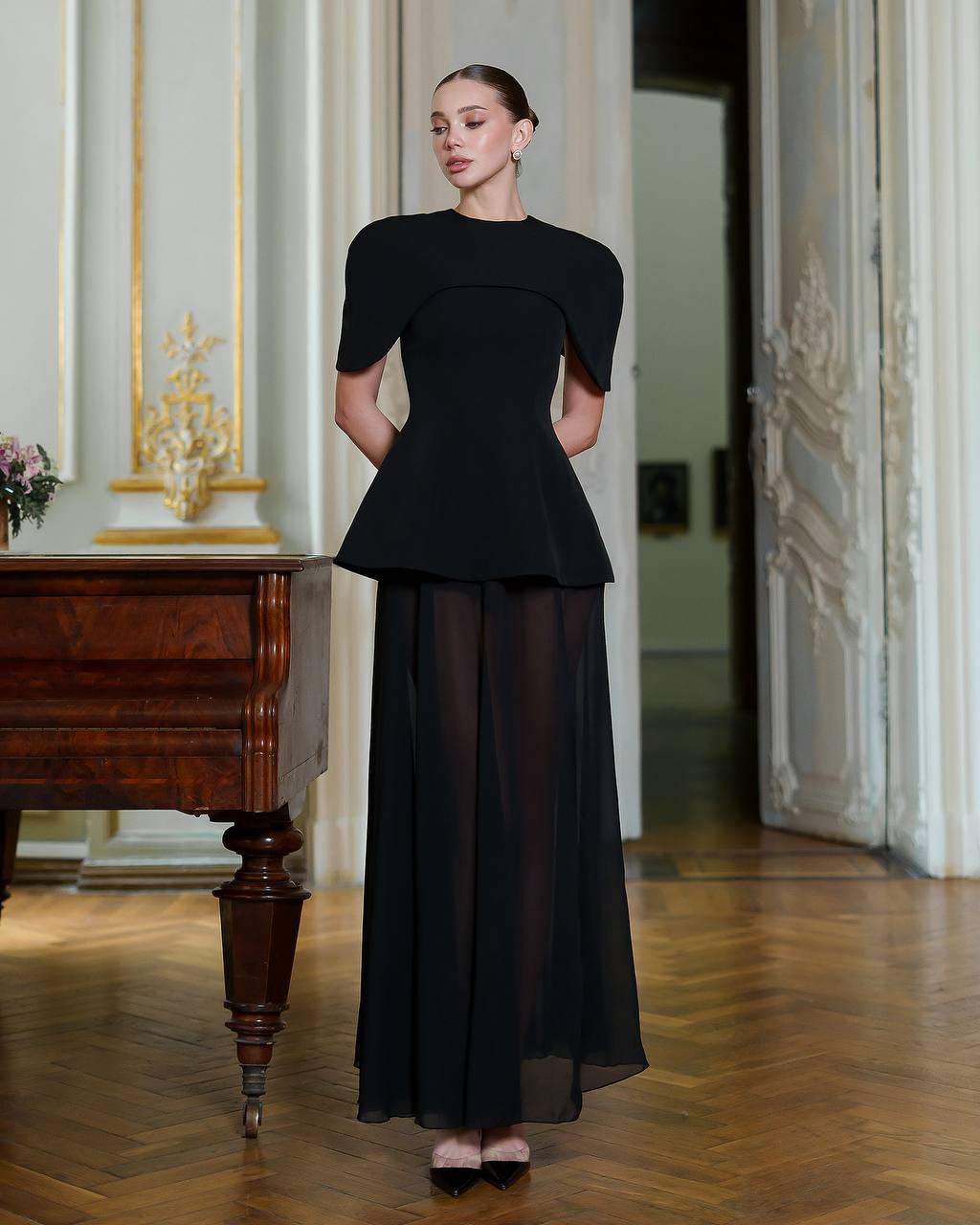 Black Maxi Dress with Cape and Chiffon Skier