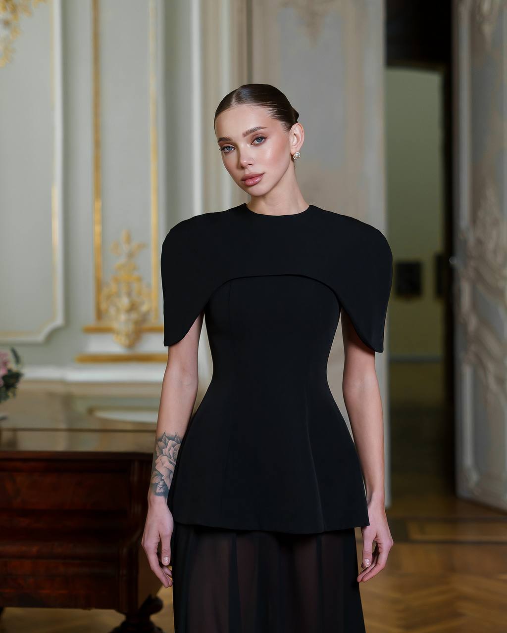 Black Maxi Dress with Cape and Chiffon Skier