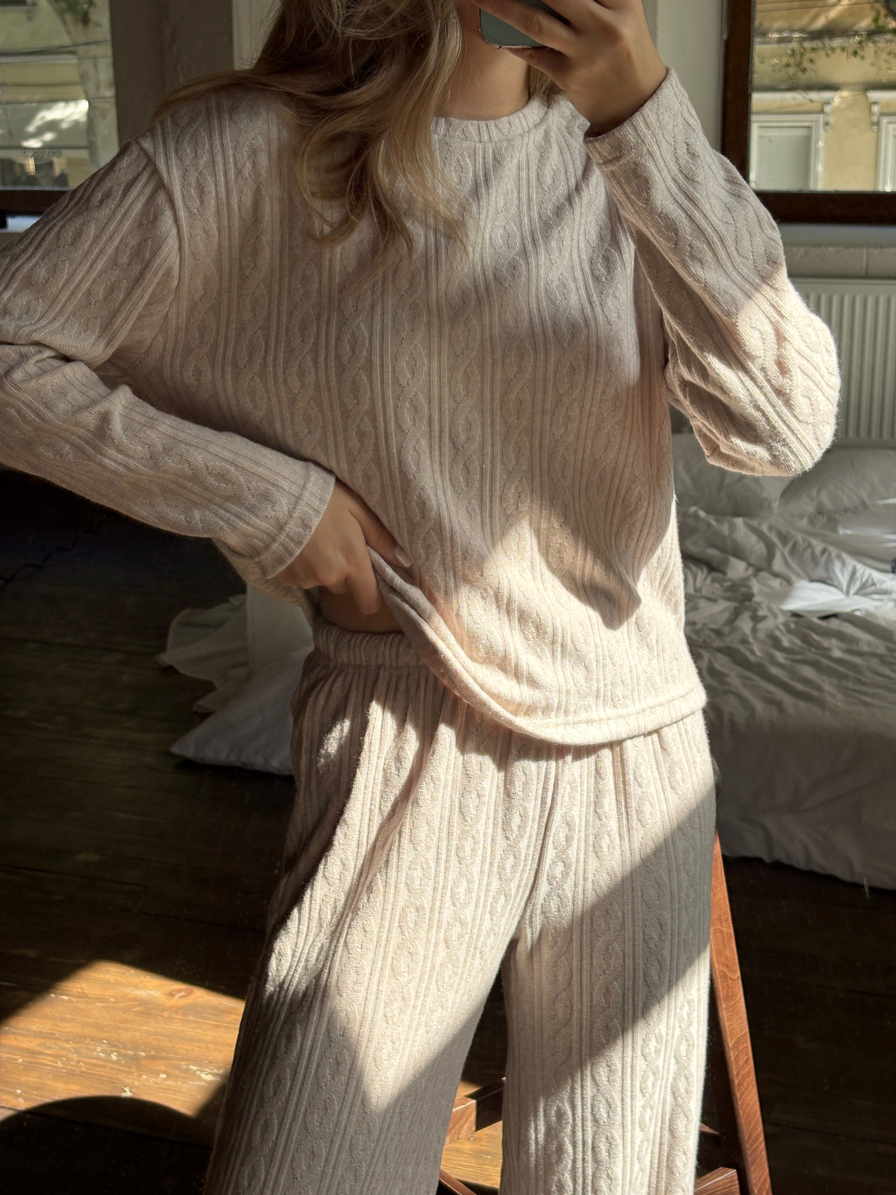 Warm Cotton Loungewear:Knit Shirt with Pants