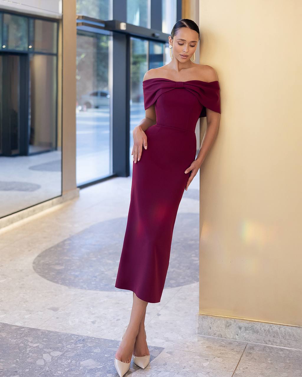 Off The Shoulder Midi Dress with Bow