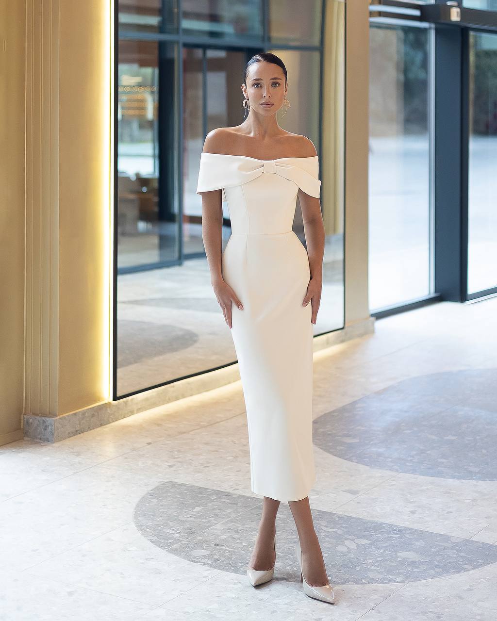 Ivory Cream Sheath Off Shoulder Bow Dress