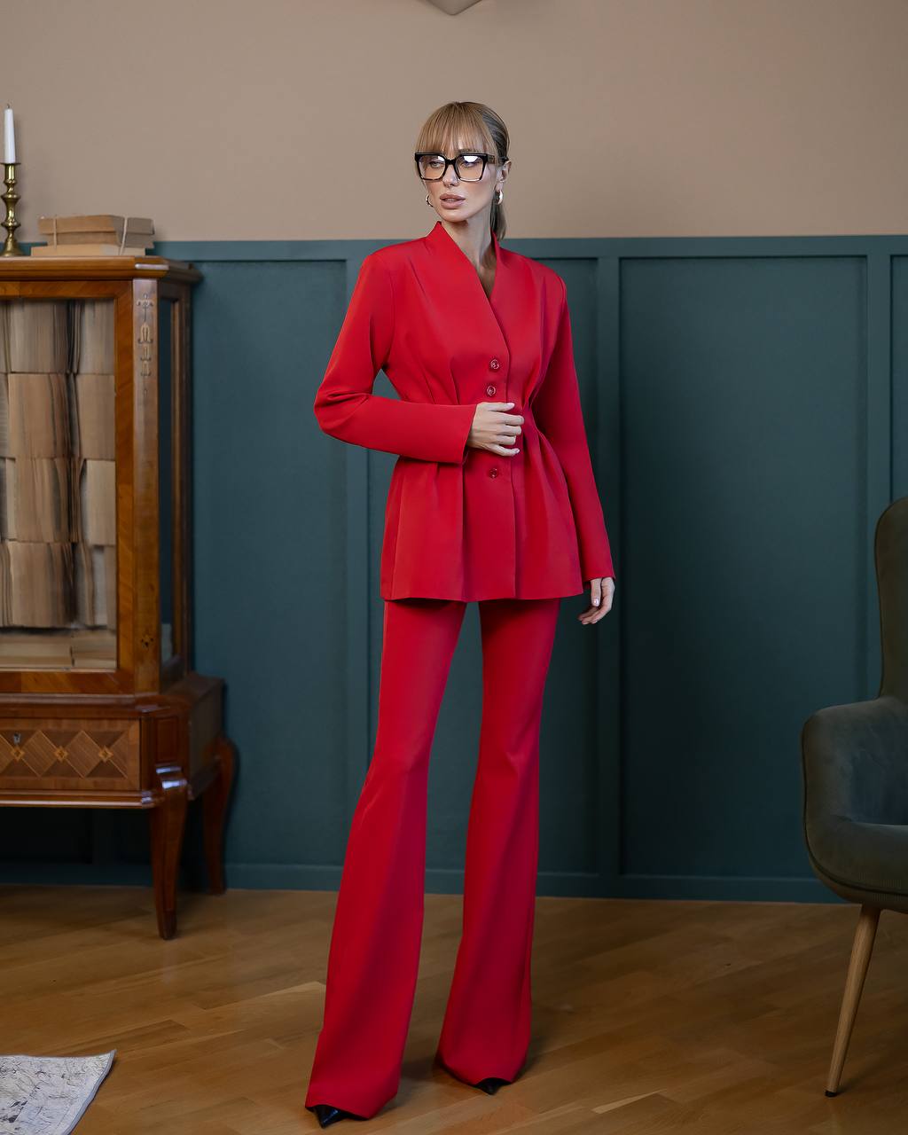 Two Piece Pant Suits- Structured Blazer with Bell Bottoms