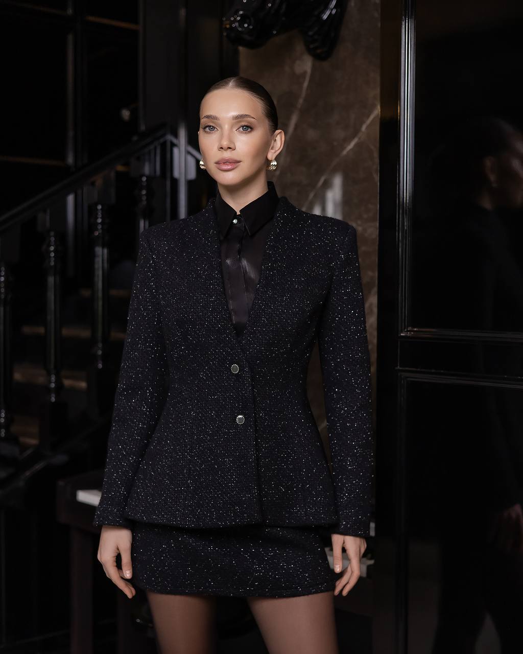 Elegant Black Tweed Blazer with Mini Skirt