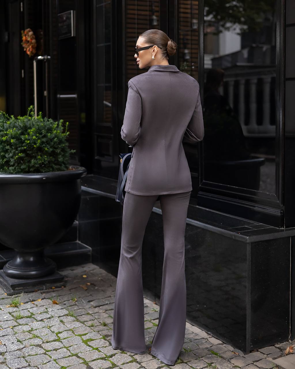 Women Suede Pantsuit: Bell Bottom with Lined Blazer