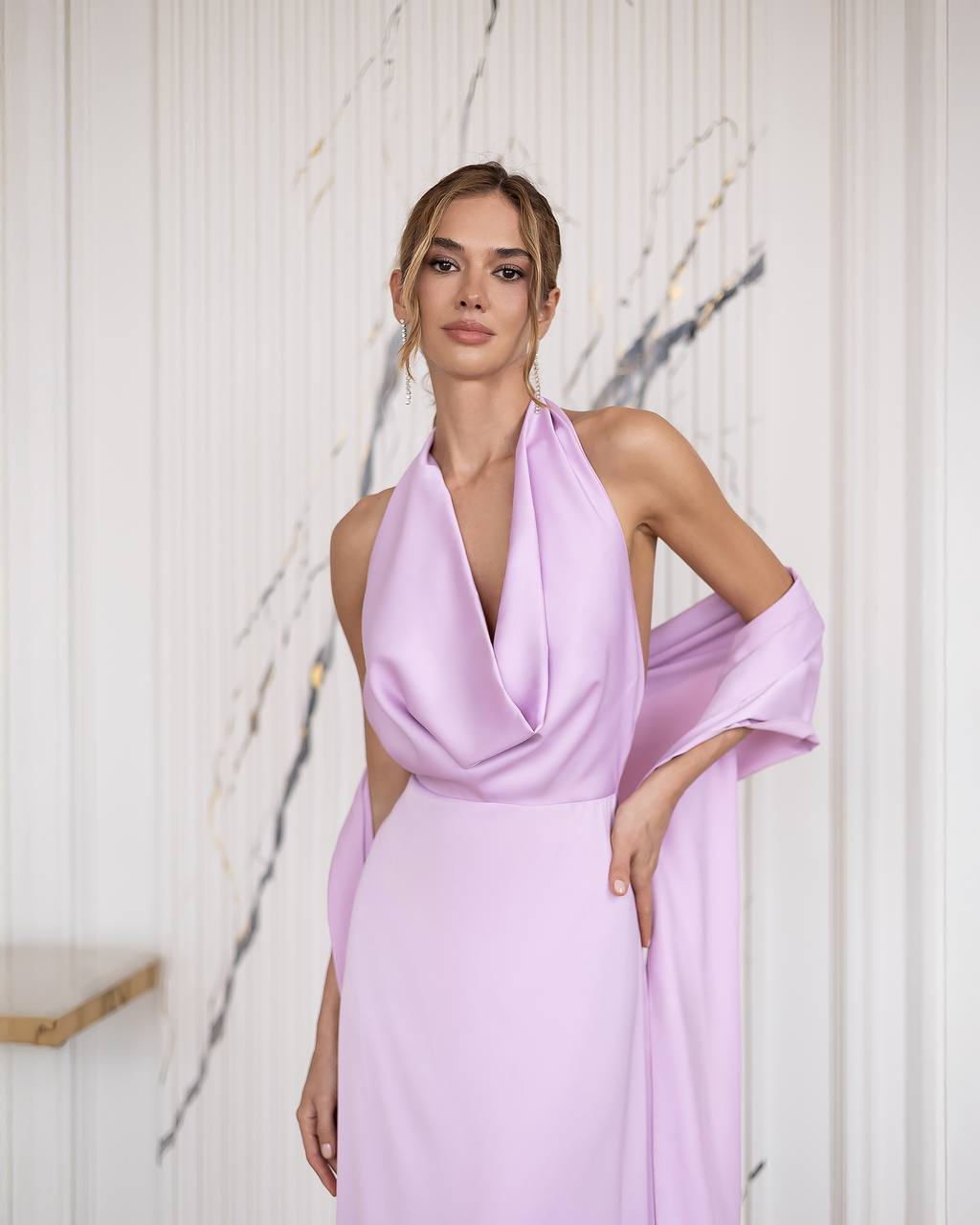 Elegant Floor Maxi Dress with Scarf and Halter Neckline