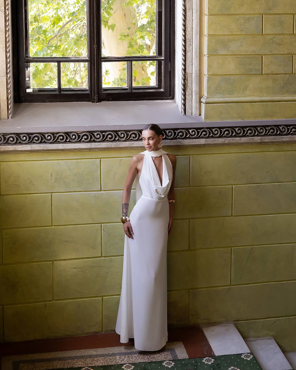 White Satin Maxi Floor Length with Scarf