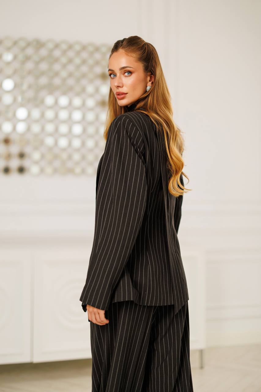 Women Striped Suit | Wide Leg Pants and Fitted Blazer