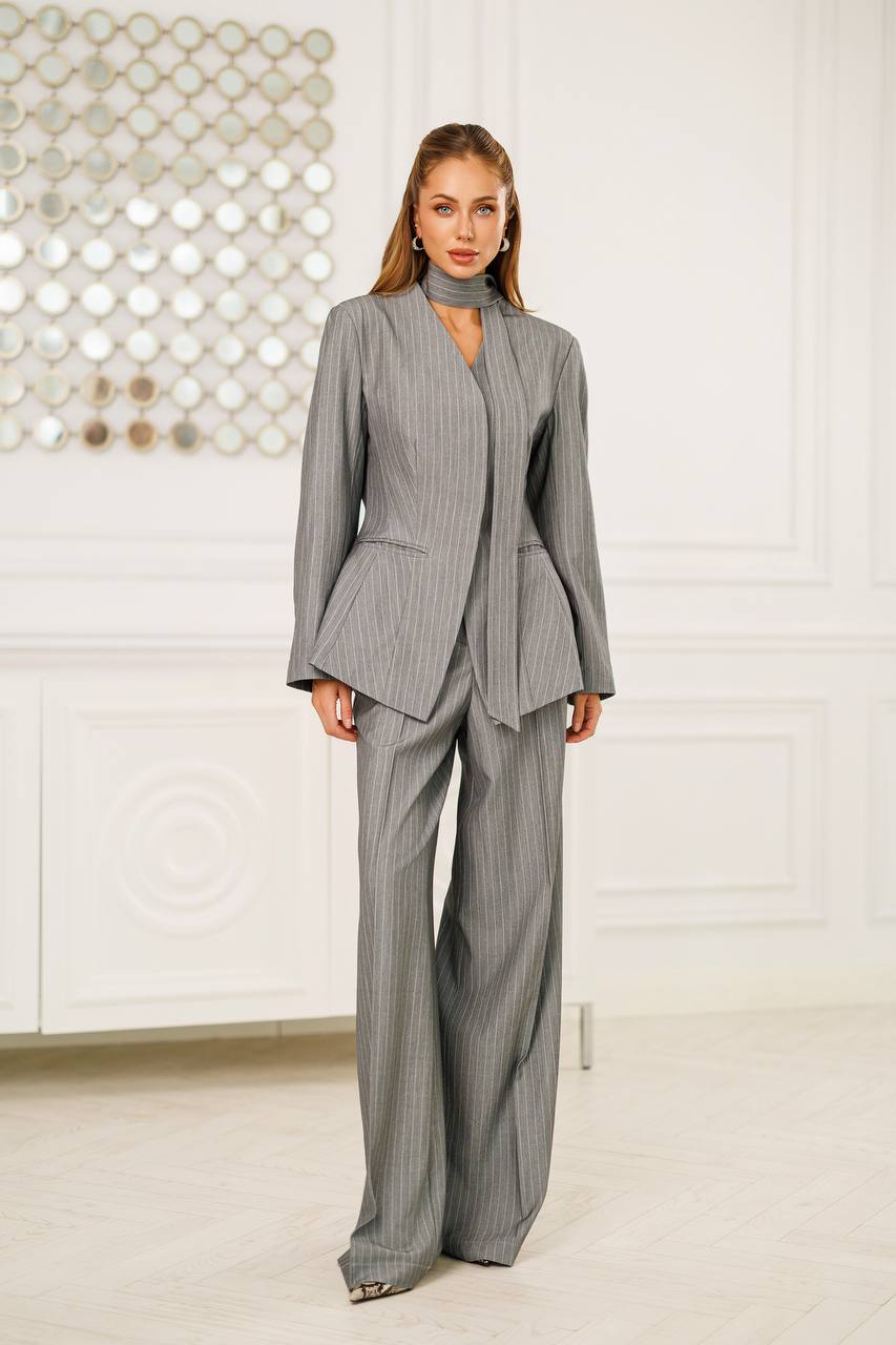 Women Striped Suit | Wide Leg Pants and Fitted Blazer