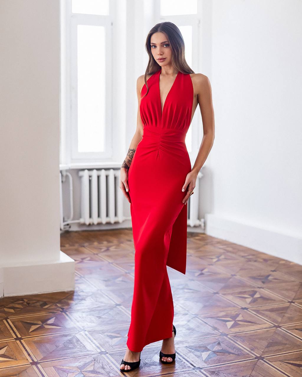 Women Halter Neck Maxi Dress with Draped Waist