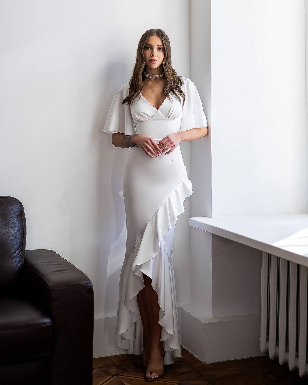 white satin long sleeve midi dress White Satin Midi Ruffle Dress with Short Sleeves White / L
