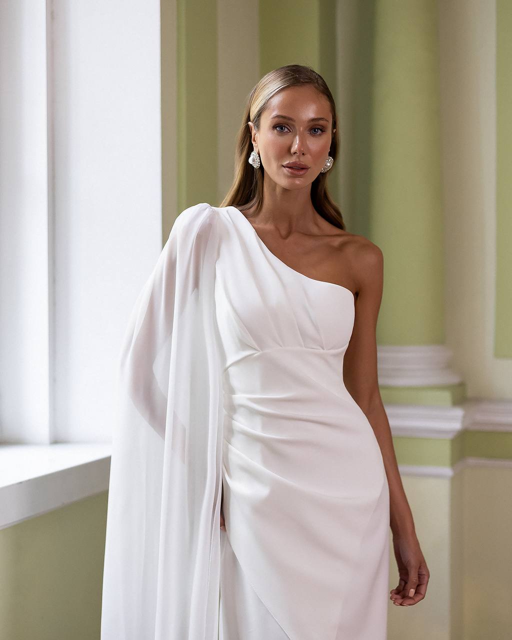 White One Shoulder Maxi Dress | Cape Sleeve Formal Gown