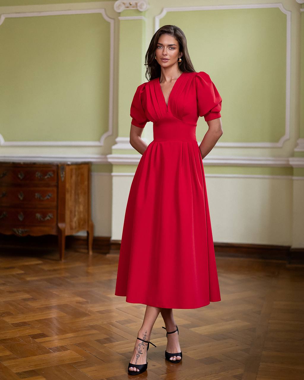 A-Line Midi Dress with Short Puff Sleeves