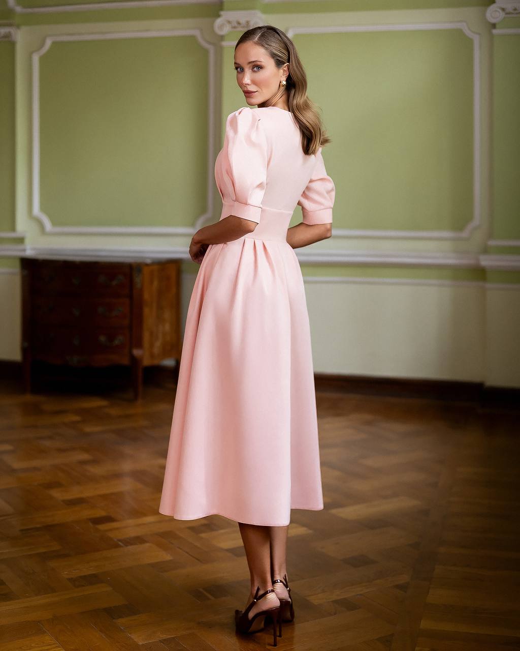 A-Line Midi Dress with Short Puffed Sleeves