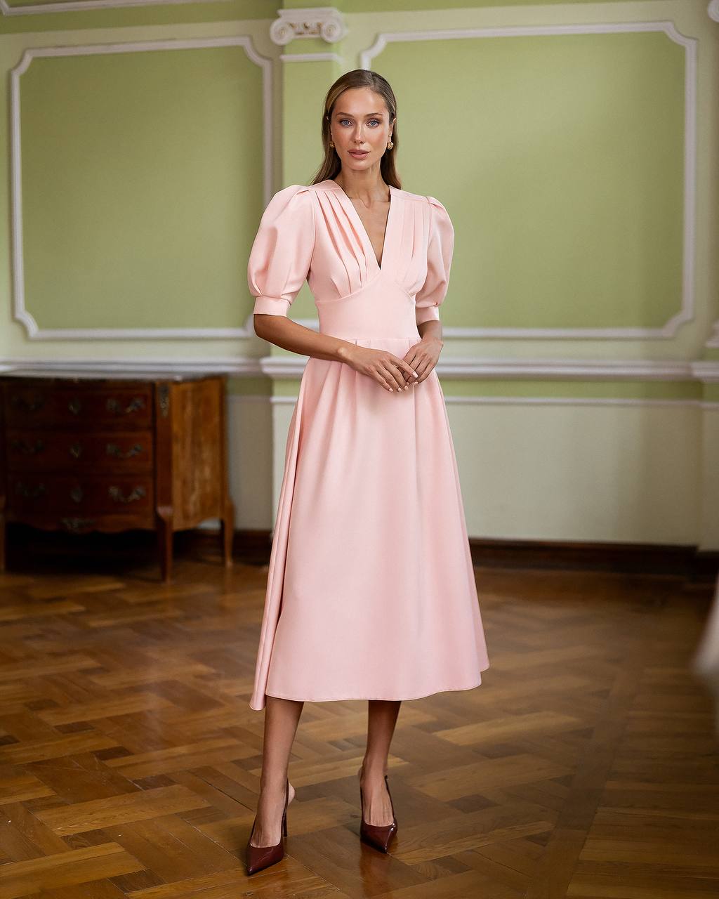 A-Line Midi Dress with Short Puffed Sleeves
