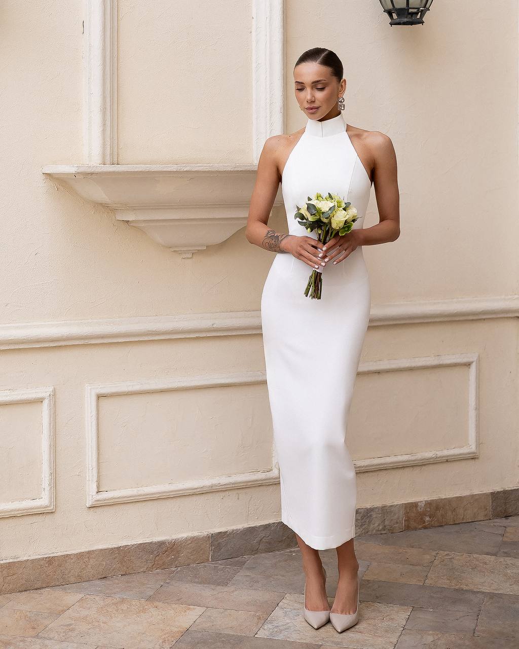 White Bodycon Halter Neck Midi Dress