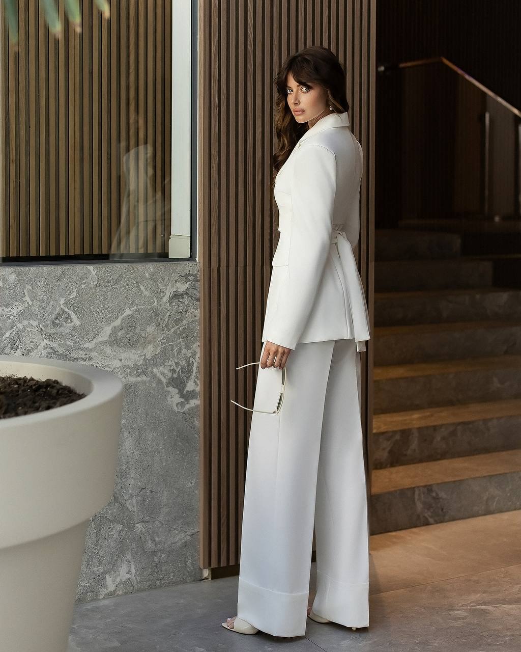 White Three Piece Suit | Longline Vest with Wrap Blazer and Straight Pants
