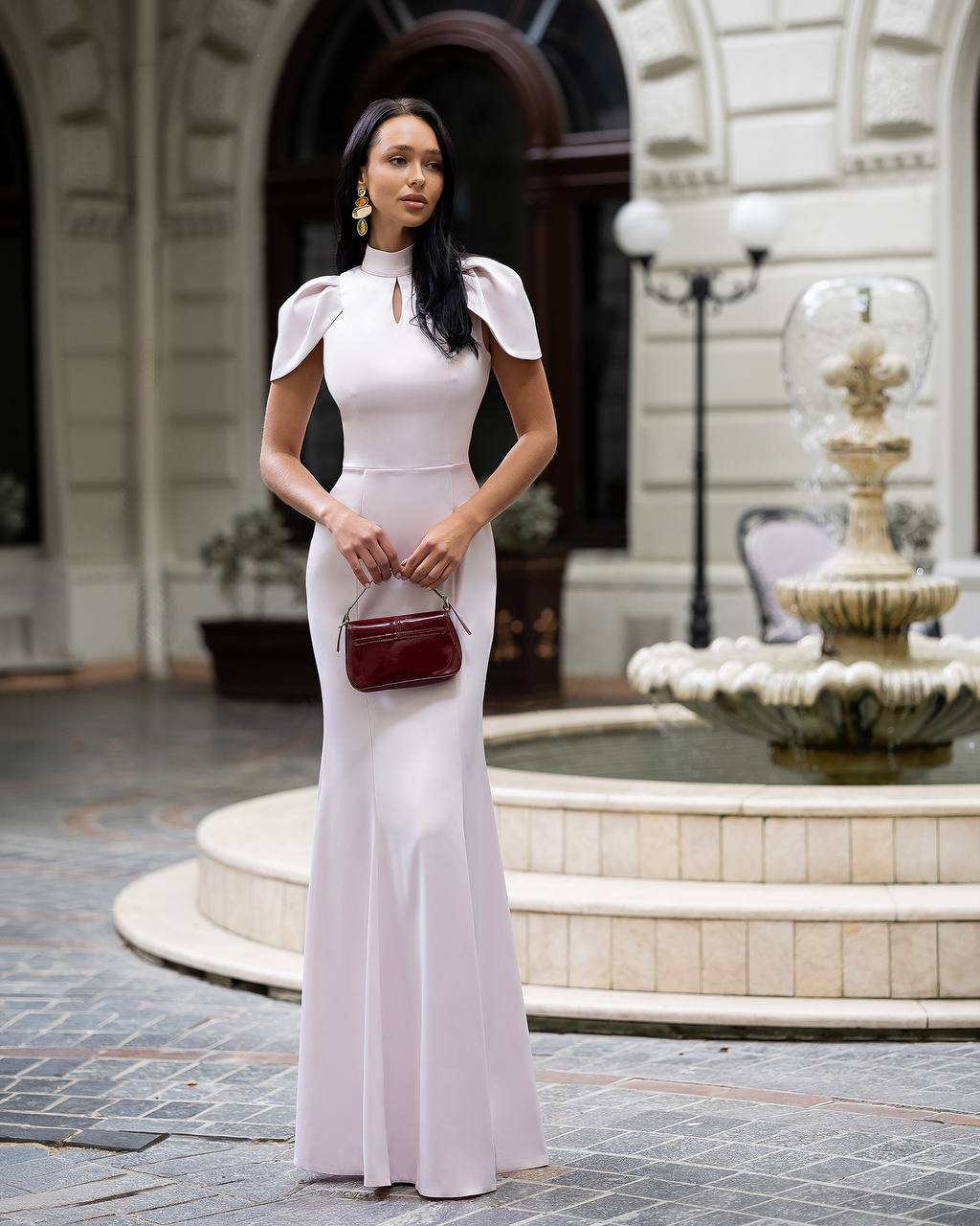 High-Neck Maxi Dress with Short Sleeves