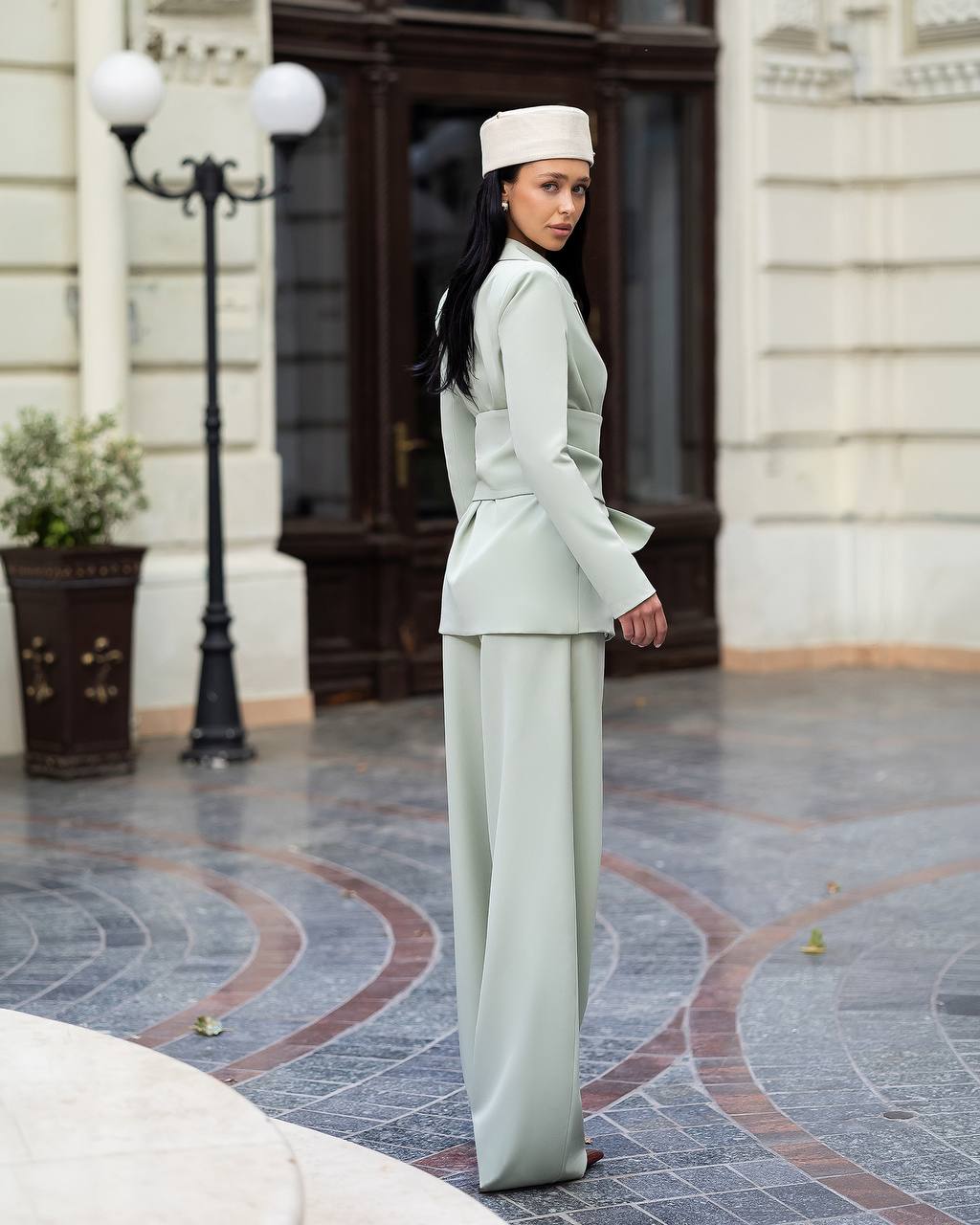 Women 3-Piece Pantsuit: Wide Leg Pants Single Breasted Blazer and Detachable Waist Sash