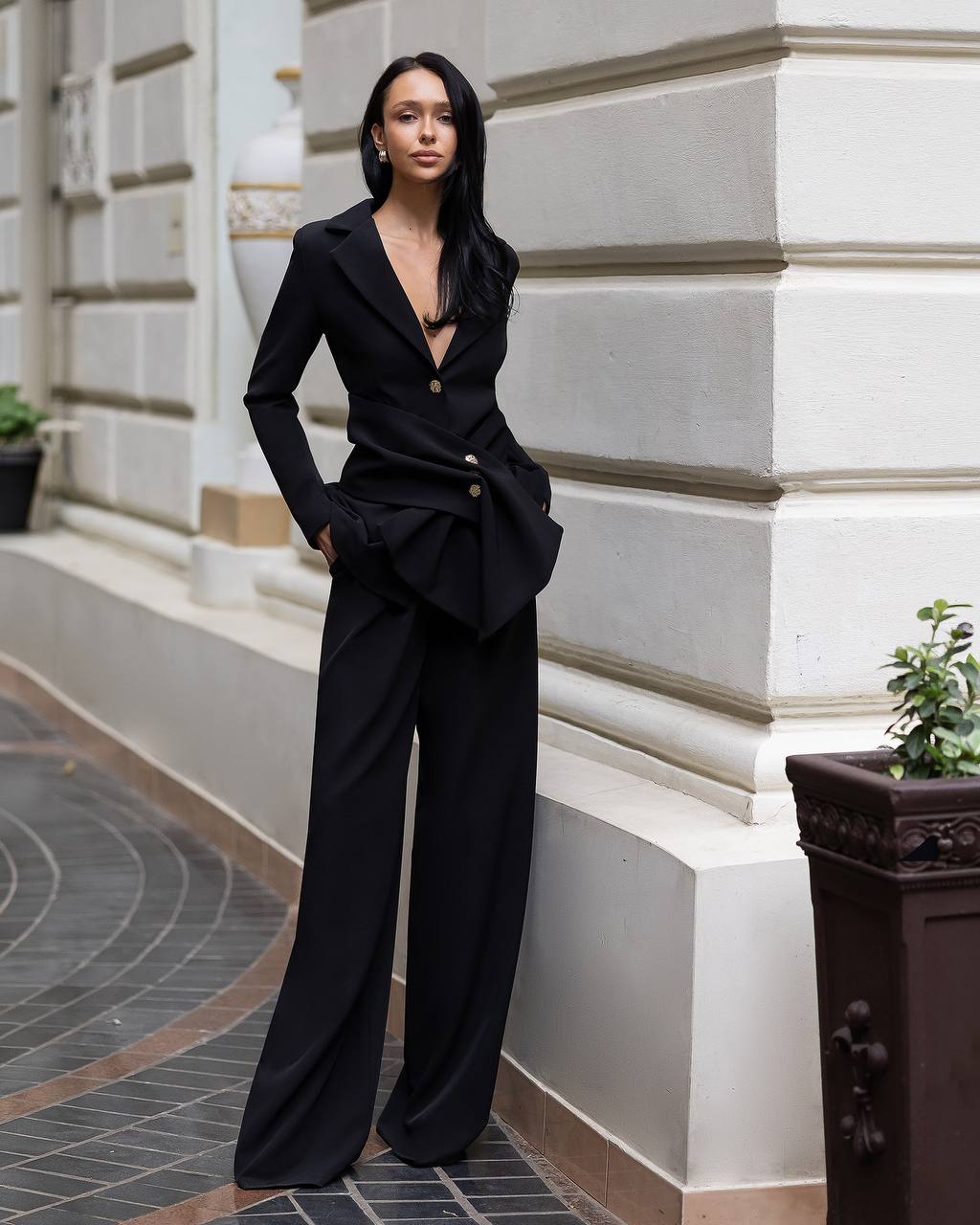 Women 3-Piece Pantsuit: Wide Leg Pants Single Breasted Blazer and Detachable Waist Sash