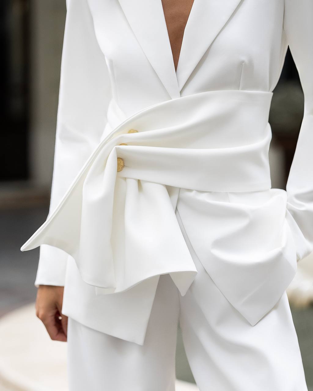 White Tailored Women 3-Piece Pantsuit| Blazer Wide Leg Pants Detachable Waist Sash