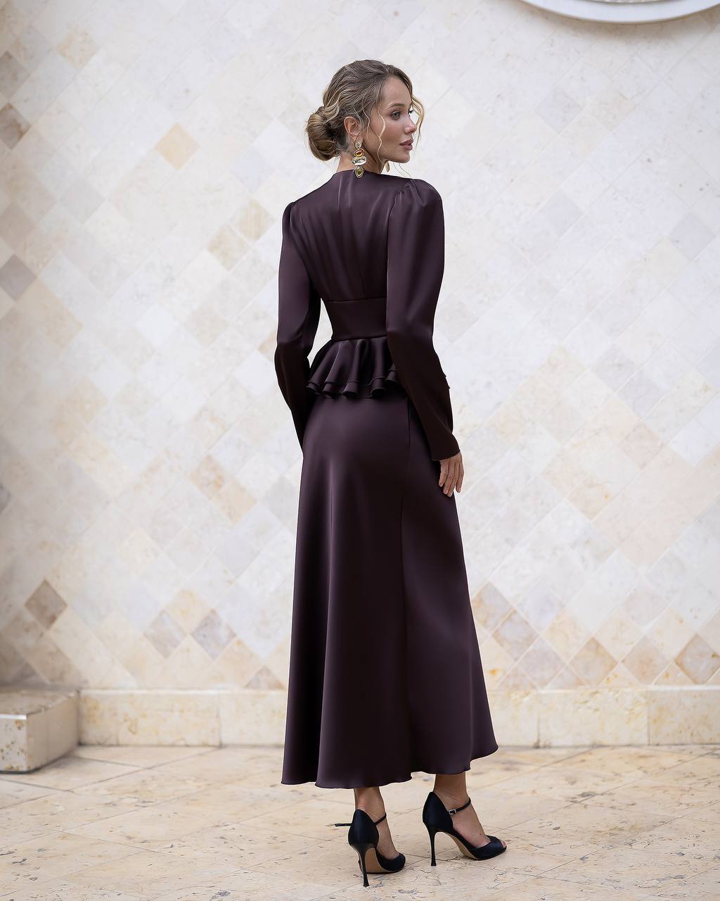 Elegant Silk Skirt Set| Long Sleeve Peplum Blouse with Midi Skirt