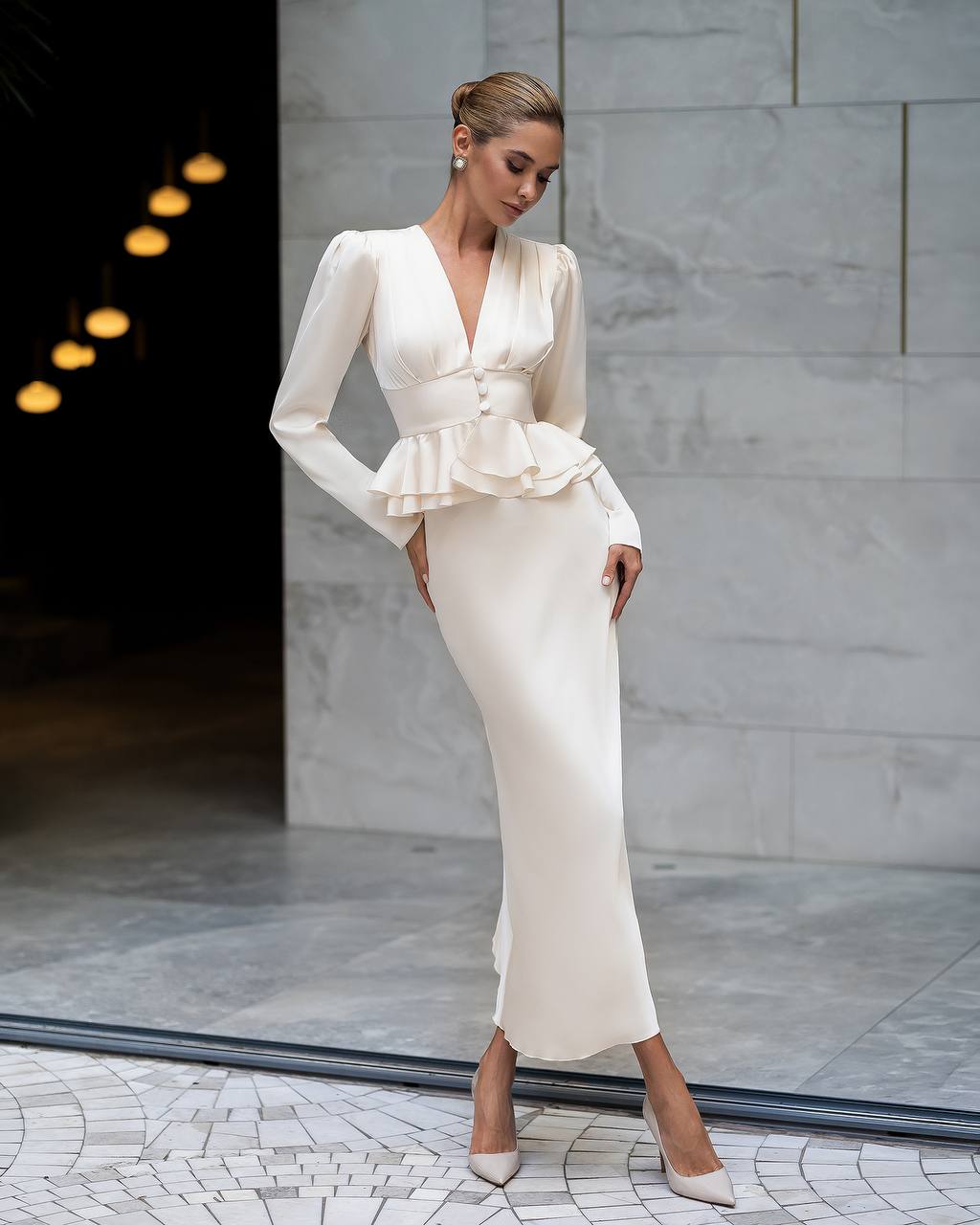 Women Silk Skirt Set| Long Sleeve Peplum Blouse with Midi Skirt